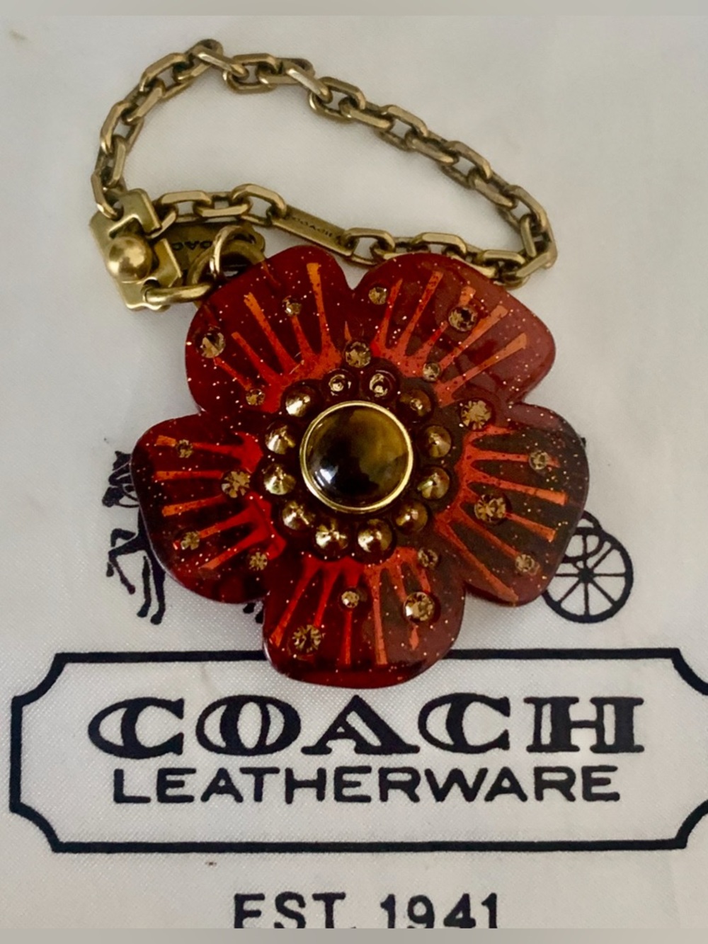 RARE COACH Red Ambar Flower Charm Bracelet with Gold-Tone Chain “HARD TO FIND”